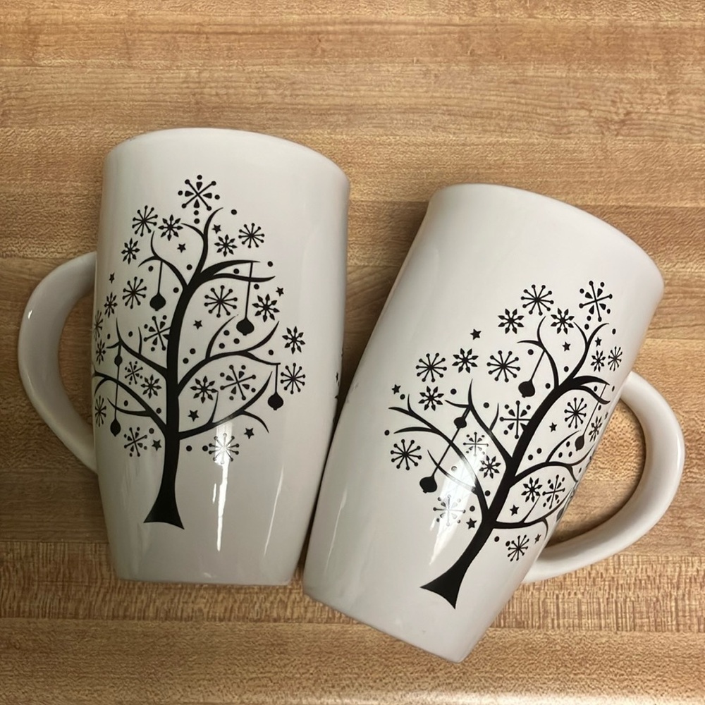 Cream and Black Ceramic Mugs with Tree Design